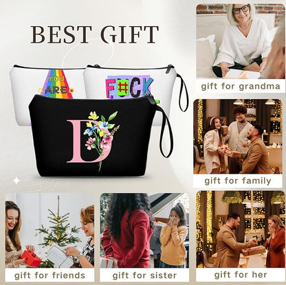 SEAMOON Women Birthday Unique Initial Funny Gifts for Teenage Girl Sister Friends Bridesmaid Personalized Travel Make up Cosmetic Bag with Mirror Valentines Mothers Day Christmas Graduation D