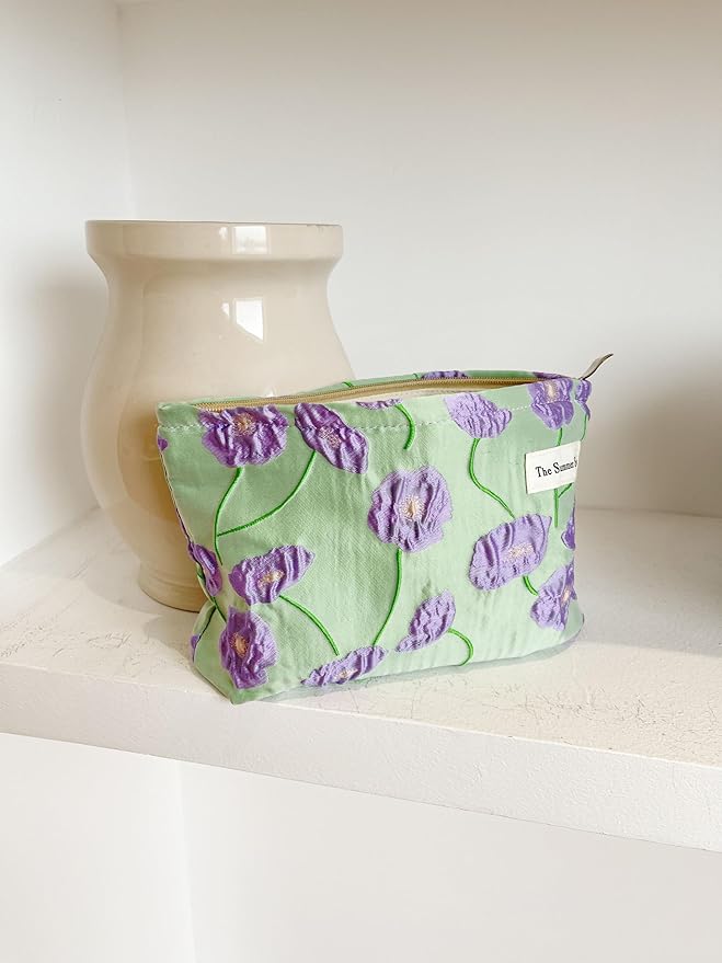The Summer Swan | Large Aesthetic Makeup Bag | Floral Makeup Bag | Mid-day Clutch | Period Kit Bag | Hygiene Bag | Skincare Bag | Cute Makeup Bag (Color Block Floral Purple), CosmeticBag10575