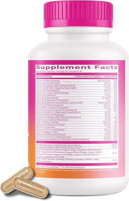 Pink Stork Premium Prenatal Vitamin for Women - Organic Whole-Food Ingredients, Multivitamin & Probiotics - Morning Sickness, Digestion, & Energy - Folate, B6, & Iron - 60 Capsules