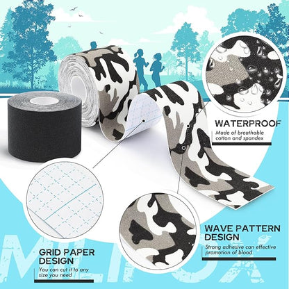 2 Rolls Kinesiology Tape, Waterproof Kinetic Tape 1.97 in x 16.4 ft, Uncut Cotton Elastic Athletic Strips for Knee, Shoulder, Ankle, Muscle Support (Black and Black Camouflage)