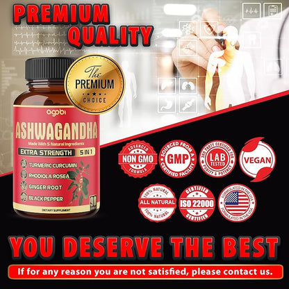 90 Capsules - Ashwagandha Supplement Capsules - Ginger Root, Turmeric, Rhodiola Rosea & Black Pepper