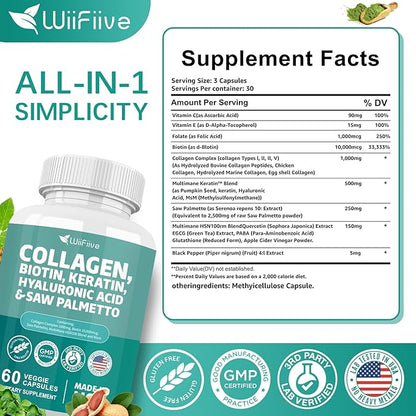 Collagen 1000 mg Biotin 10000 mcg Kerarin Blend 500mg Saw Palmetto 2500mg Folate 1000 mcg with Hyaluronic Acid Vitamin C E Paba Keratin MSM Quercetin Mineral Supplements, 60 Capsules