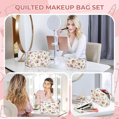 Quilted Makeup Bag Set,Large Floral Cosmetic Pouch For Women,Cute Cotton Brushes Storage Travel Toiletry Organizer Bags(Red Rose)