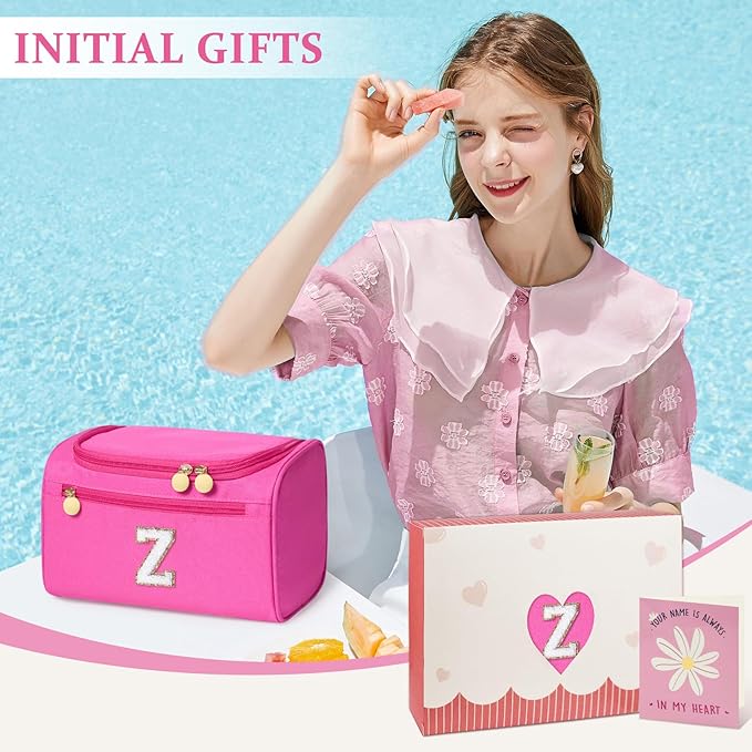 COSHAYSOO Christmas Valentines Galentines Day Fall Travel Gifts for Women Friend Sister Bestie Happy Birthday Party Favor Present, Large Hanging Toiletry Bag Skin Care Toiletries Hot Pink Letter Z