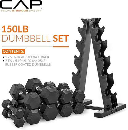 CAP Barbell 150 LB Coated Hex Dumbbell Weight Set with Vertical Rack | Multiple Options