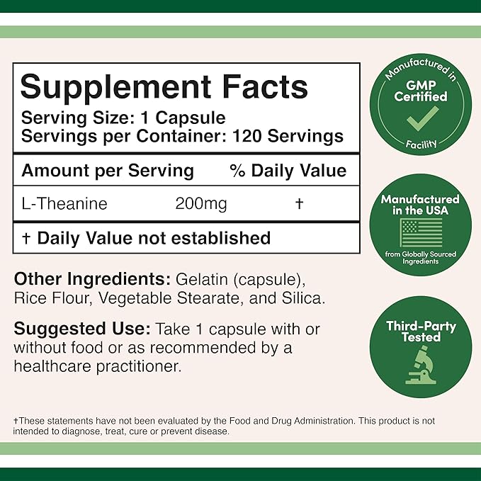 L-Theanine Supplement 200mg, 120 Capsules (Soy Free, Gluten Free, Non-GMO, Third Party Tested) Synergy with Magnesium L-Threonate and Apigenin by Double Wood