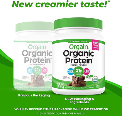 Orgain Organic Vegan Protein Powder, Creamy Chocolate Fudge - 21g Plant Protein, 7g Prebiotic Fiber, No Lactose Ingredients, No Added Sugar, Non-GMO, Shakes & Smoothies, 1.02 lb (Packaging May Vary)