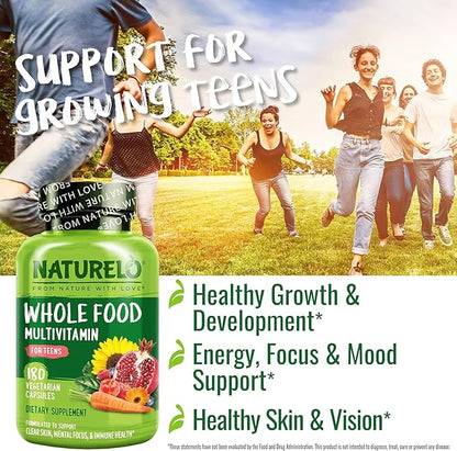 NATURELO Whole Food Multivitamin for Teens - Vitamins and Minerals for Teenage Boys and Girls - Supplement for Active Kids - with Organic Whole Foods - Non-GMO - Vegan & Vegetarian - 180 Capsules