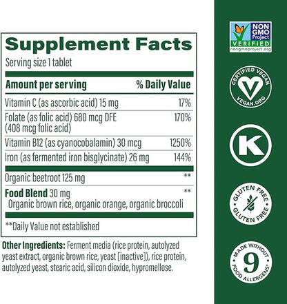 MegaFood Blood Builder - Iron Supplement Clinically Shown to Increase Iron Levels Without Side Effects - Iron Supplement for Women with Vitamin C, Vitamin B12 and Folic Acid - Vegan - 30 Tabs