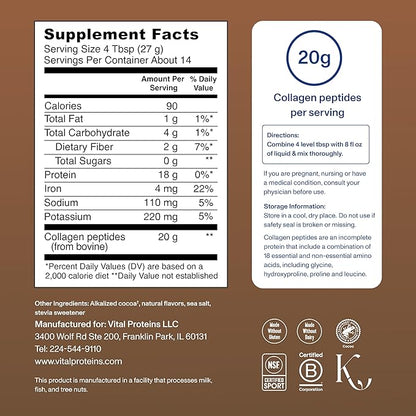 Vital Proteins Grass Fed Collagen Peptides Powder, Promotes Hair, Nail, Skin, Bone and Joint Health - Hydrolyzed Collagen - Chocolate, 13.5 oz, Pack of 1
