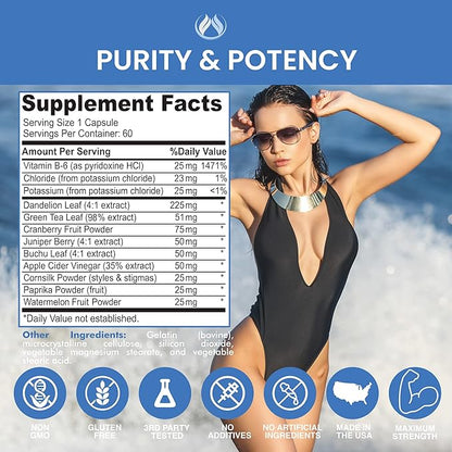 Water Pills Diuretic for Water Retention, Detox, Liver, Kidney Cleanse, Weight, Swelling & Bloating Relief. Green Tea, Cranberry, Apple Cider Vinegar, Dandelion, Vitamin B6, Chloride, Potassium (3)
