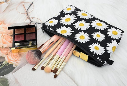 2 Pcs Cosmetic Bag for Women Small Make Up Bag Waterproof Travel Toiletries Pouch with Zipper for Organizing Small Items, Gift Bags for Birthday Christmas(Daisy Flower 1)