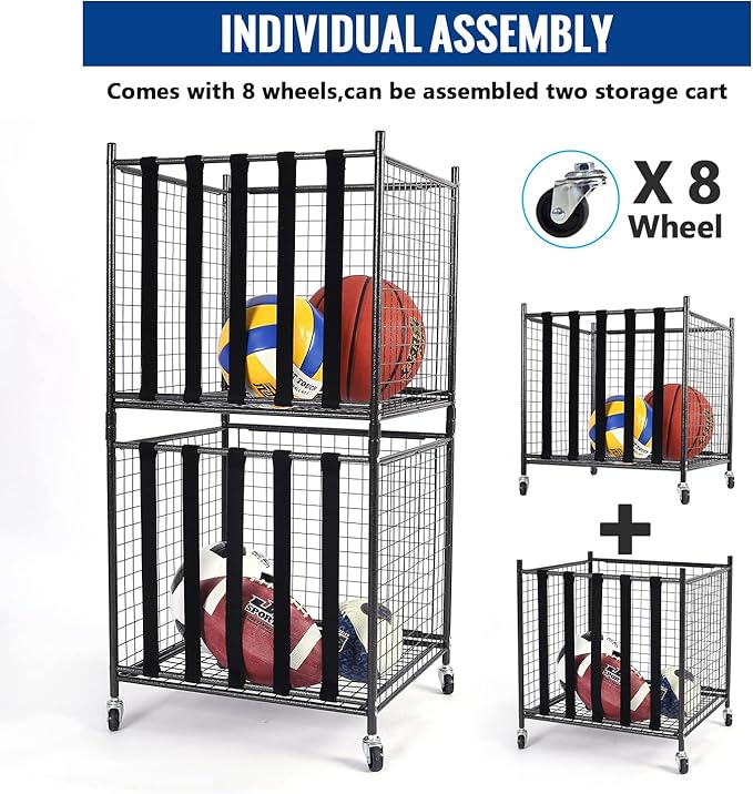 Mythinglogic Rolling Sports Ball Storage Cart, Sports Lockable Ball Storage Locker with Elastic Straps, Stackable Ball Cage for Garage Storage Garage Organizer