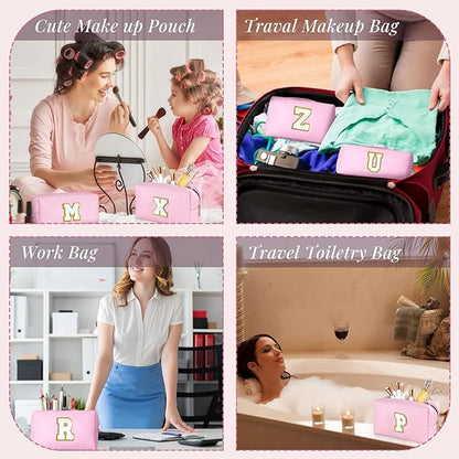 TOPEAST Personalized Initial Makeup Bag 2 Pack - PU Leather Waterproof Toiletry Organizer, Cute Travel Essentials Gift for Women, Pink M