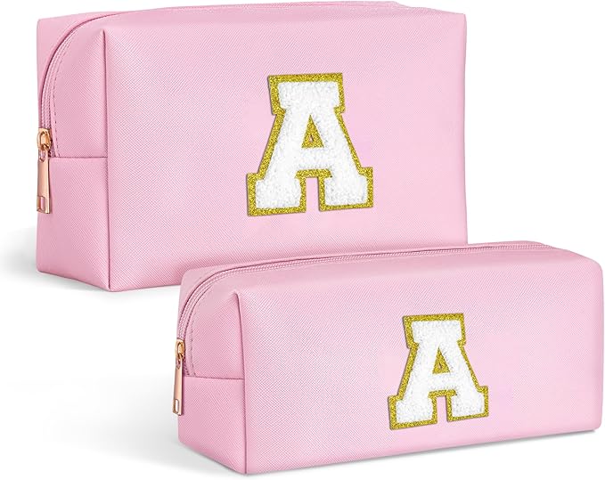 TOPEAST Easter Basket Stuffers for Kids Teen Girls - Initial Makeup Bag with Zipper, 2 PCS Makeup Pouch PU Leather Waterproof Travel Toiletry Bag for Women Girls (Pink A)