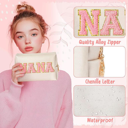 CY2SIDE NANA Letter Makeup Bag - Pink Nana Chenille Letter Patch Cosmetic Bag for Grandma Women Shell Gold PU Leather Patch Pouch Waterproof Portable Zipper Travel Organizer Gift for Mother's Day