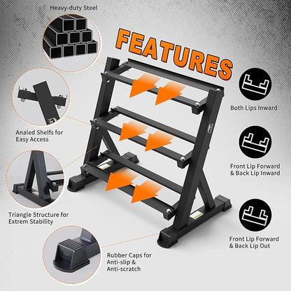 Leikefitness Dumbbell Rack 3 Tier Heavy Weight Organizer Dumbbell Storage Stand Holder 1100lbs Capacity Quick Assembly Dumbbell Weight Storage Rack For Home Gym, Black (Rack Only)