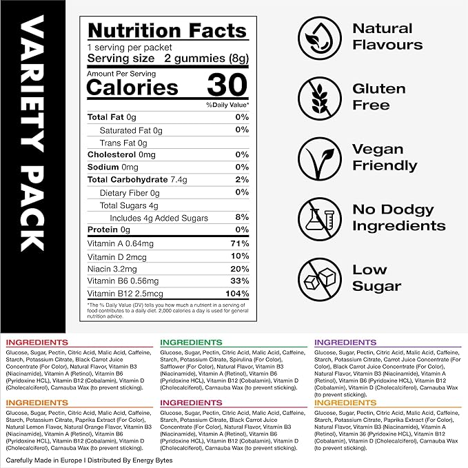 Energy Bytes Caffeine Gummies | Instant Energy Chews for Running, Cycling and Sports Performance | Vegan, Low Sugar | Variety Pack (12-Pack)
