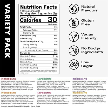 Energy Bytes Caffeine Gummies | Instant Energy Chews for Running, Cycling and Sports Performance | Vegan, Low Sugar | Variety Pack (12-Pack)