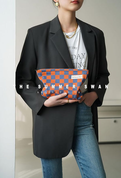 The Summer Swan Large Floral Mid-day Clutch Period Kit Hygiene Skincare Cute Makeup Bag (Colour Block Checkered Orange Navy)