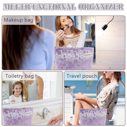 ZLFSRQ Daisy Flower Makeup Bag Travel Cute Floral Cosmetic Bags for Women Large Toiletry Pouch Zipper Cosmetic Pouch for Purse Aesthetic Embroidery Purple Makeup Organizer Bag Portable Toiletry Bags