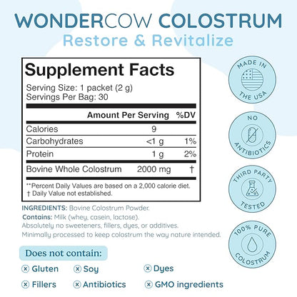 WONDERCOW Colostrum Supplement Powder for Gut Health, Immune Support, Muscle Recovery & Wellness | Natural IgG Pure Whole Bovine Colostrum Superfood, Unflavored, 30 Servings