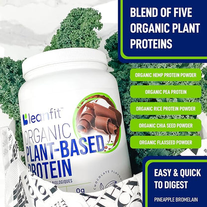LeanFit Organic Plant-Based Protein Powder, Natural Chocolate Flavor - Vegan, USDA Organic Certified, Soy-Free, Gluten-Free, Dairy-Free, Sugar-Free, Non-GMO - 21g Protein, 18 Servings, 1.58 Pound Tub