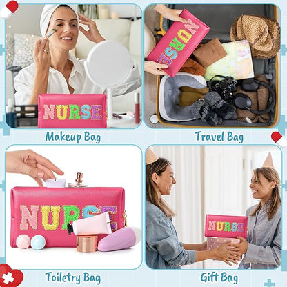 CY2SIDE NURSE Letter Makeup Bag - Colorful Chenille Letter Patch Cosmetic Bag Pink PU Leather Patch Travel Pouch Waterproof Portable Zipper Travel Organizer Case Christmas Gifts for Nurse Women