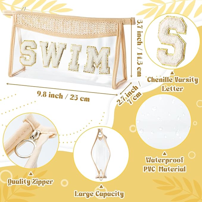 Summer Boho Patch GLAM Toiletry Makeup Bag, Beige Clear Varsity Letter Travel Cosmetic Bag, Transparent Waterproof PVC Zipper Toiletry Kit Snacks Cute Purse Makeup Pouch for Women Girls