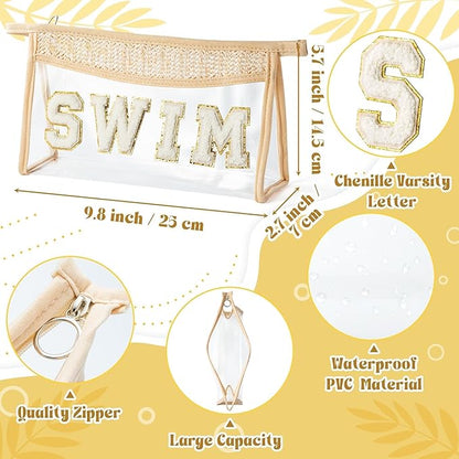 Summer Boho Patch GLAM Toiletry Makeup Bag, Beige Clear Varsity Letter Travel Cosmetic Bag, Transparent Waterproof PVC Zipper Toiletry Kit Snacks Cute Purse Makeup Pouch for Women Girls