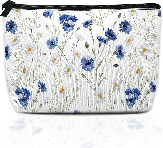 Daisy Makeup Bag Blue Cornflower Cosmetic Bag for Women, Travel Small Pouch for Toiletries, Water Resistant Gift 9.5×5.9 Inch