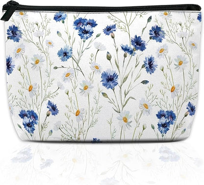 Daisy Makeup Bag Blue Cornflower Cosmetic Bag for Women, Travel Small Pouch for Toiletries, Water Resistant Gift 9.5×5.9 Inch