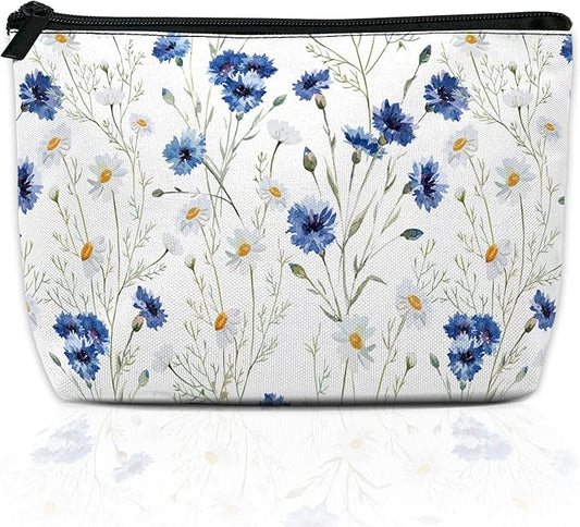 Daisy Makeup Bag Blue Cornflower Cosmetic Bag for Women, Travel Small Pouch for Toiletries, Water Resistant Gift 9.5×5.9 Inch