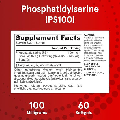 Jarrow Formulas PS100 Phosphatidylserine 100 mg, Dietary Supplement for Brain Health and Cognition Support, 60 Softgels, 20-60 Day Supply