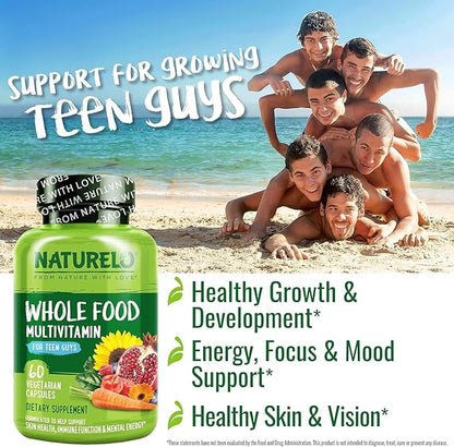 NATURELO Whole Food Multivitamin for Teenage Boys - Vitamins and Minerals Supplement for Active Kids - with Plant Extracts - Non-GMO - Vegan & Vegetarian - 60 Capsules