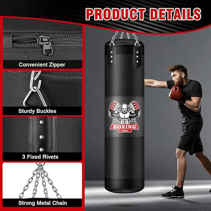 Hanging Punching Bag for Adults, 4ft PU Leather Heavy Boxing Bag Set, Hanging Bag Boxing Equipment for MMA Karate Kickboxing Boxing Home Gym, Unfilled
