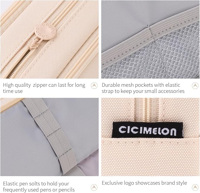 CICIMELON Big Capacity Pencil Case 3 Compartments Pen Pouch Bag Multifunctional Organizer for School Office, Cream