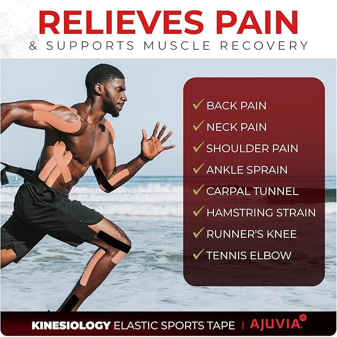 AJUVIA Synthetic Kinesiology Tape, 2 Uncut Rolls, 10% Bonus Pack, Lasts up to 14 Days, Hypoallergenic and Waterproof K Tape for Muscle Pain Relief and Joint Support