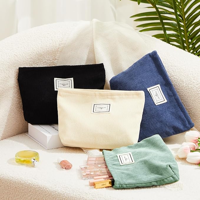 Sanwuta 4 Pack Velvet Makeup Bag Cosmetic Bag for Women Large Capacity Corduroy Pouch Zipper Canvas Travel Toiletry Purse Make up Organizer Case Accessories(Vintage Color,Plaid)