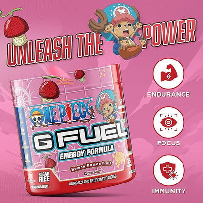 G Fuel ONE Piece Human-Human Energy Drink Powder, Pre Workout Caffeine Powder, Energy Powder Drink Mix for Gaming, Sugar Free Focus Amino, Vitamin + Antioxidants, 3.7oz (Cotton Candy, 15 Servings)