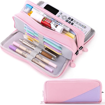 CICIMELON Big Capacity Pencil Case 3 Compartments Pen Pouch Bag Multifunctional Organizer for School Office, Rose Pink