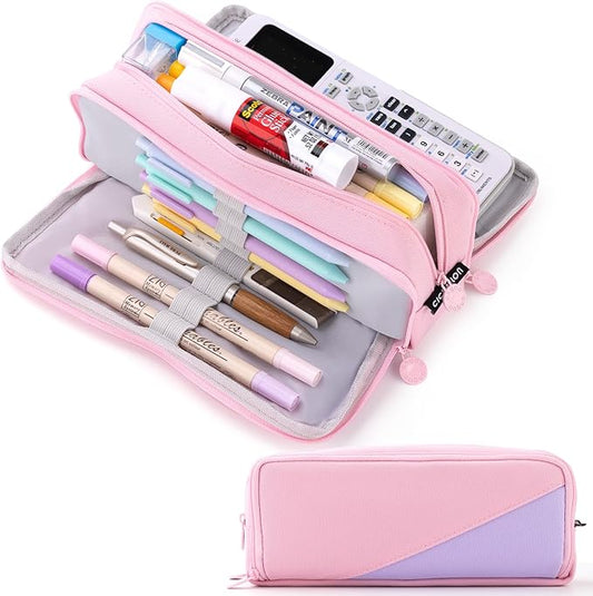 CICIMELON Big Capacity Pencil Case 3 Compartments Pen Pouch Bag Multifunctional Organizer for School Office, Rose Pink