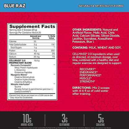 BSN CELLMASS 2.0 Post Workout Recovery with BCAA, Creatine, & Glutamine - Keto Friendly - Blue Raz, (25 Servings)