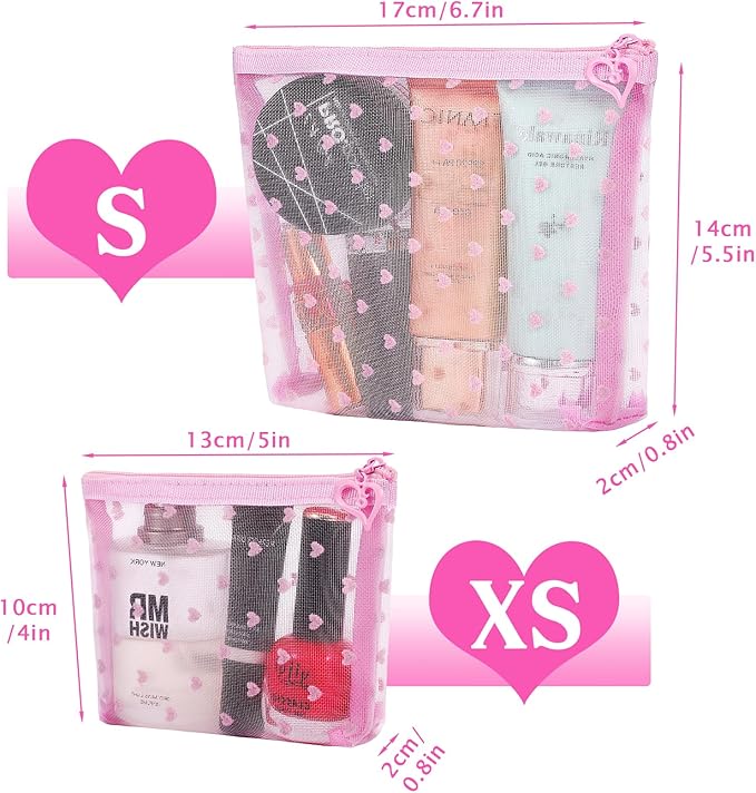 6 Pack Mini Zipper Mesh Makeup Bags, Heart Print Nylon Cosmetic Bags Toiletry Bags for Office Travel Organization (Widened-Pink, XS)