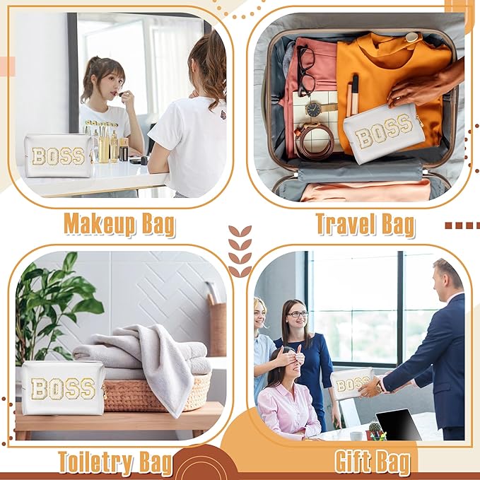 CY2SIDE White BOSS Letter Patch Makeup Bag Gifts for Women PU Leather Patch Cosmetic Bag with Chenille Letter for Travel Waterproof Portable Zipper Big Organizer for Boss's Day Gifts