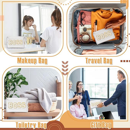 CY2SIDE White BOSS Letter Patch Makeup Bag Gifts for Women PU Leather Patch Cosmetic Bag with Chenille Letter for Travel Waterproof Portable Zipper Big Organizer for Boss's Day Gifts