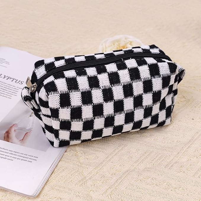 Small Cute Checkered Makeup Bag - Portable Cosmetic Pouch with Zipper, Travel Toiletry Bag, Purse Organizer, Beauty Storage, Black