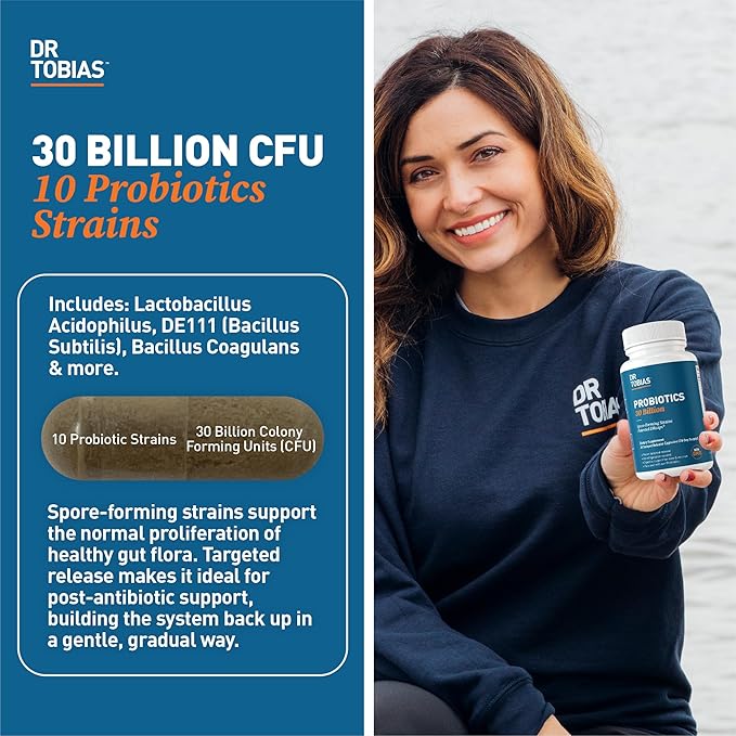 Dr. Tobias Probiotics 30 Billion, 10 Strains, 30 Billion CFU's, Targeted Release Probiotics for Digestive Health, Shelf-Stable Probiotics for Women & Men, Non-GMO, 60 Capsules, 60 Servings