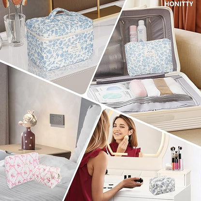 Quilted Makeup Bag,Medium Travel Floral Cosmetic Bag Cute Pouch,Cotton Makeup Brushes Storage Bag for Women