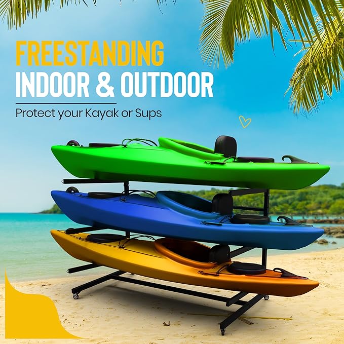 Heavy Duty Freestanding Kayak Storage Rack | 3 Tier Rack for Kayaks, Canoes, or SUPs | Adjustable Outdoor Kayak Storage | Indoor/Outdoor Weather Resistant Water Sports Storage Rack